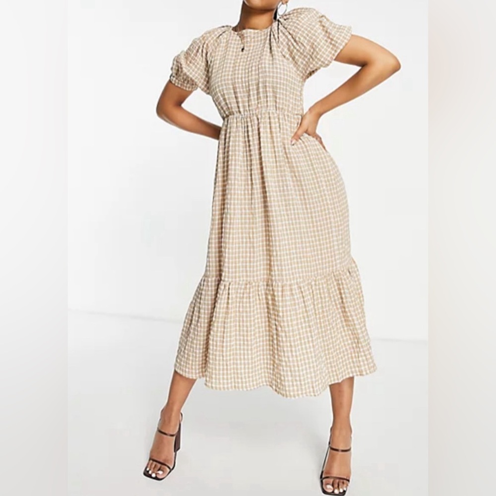 Missguided Tiered Smocked Gingham Cinnamon/Ivory Dress (Size 2)